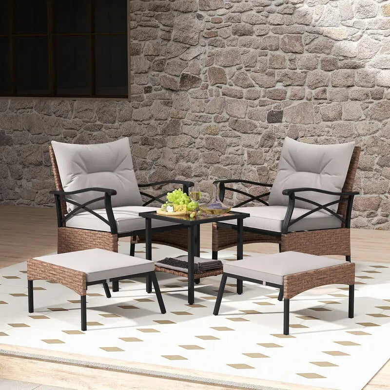 5PC Rattan Patio Furniture Set Chairs Ottomans Table Cushions Garden