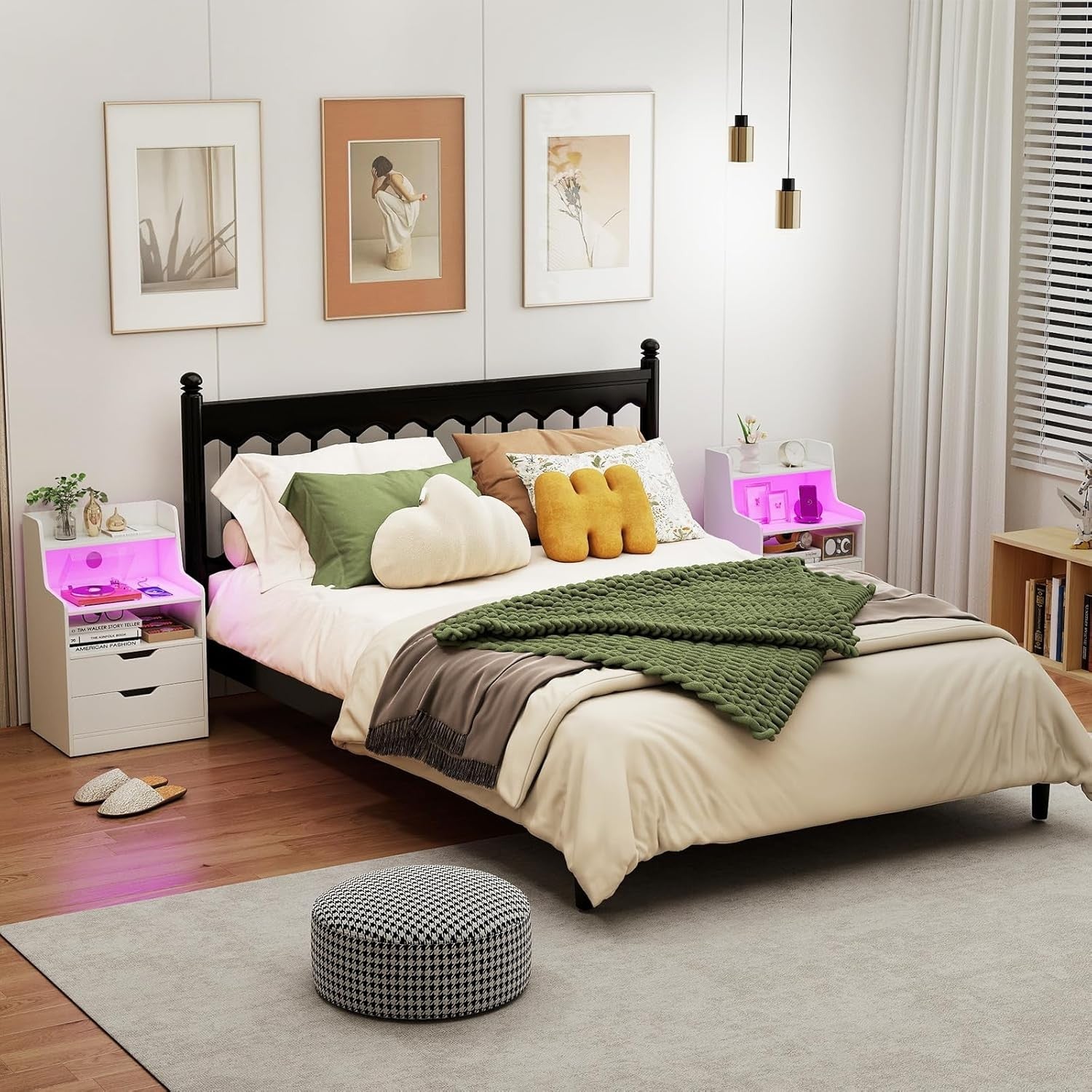 White LED Bedside Tables with Charging Station, Drawers & RGB Shelves (Set of 2)