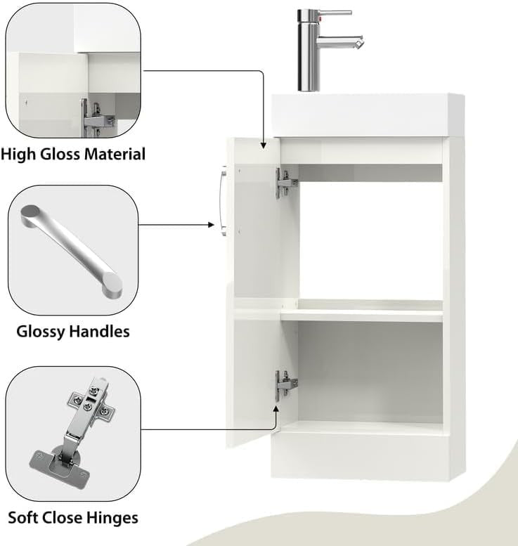 Slim 400mm Bathroom Vanity Unit with Basin White Floor Standing Sink Cabinet