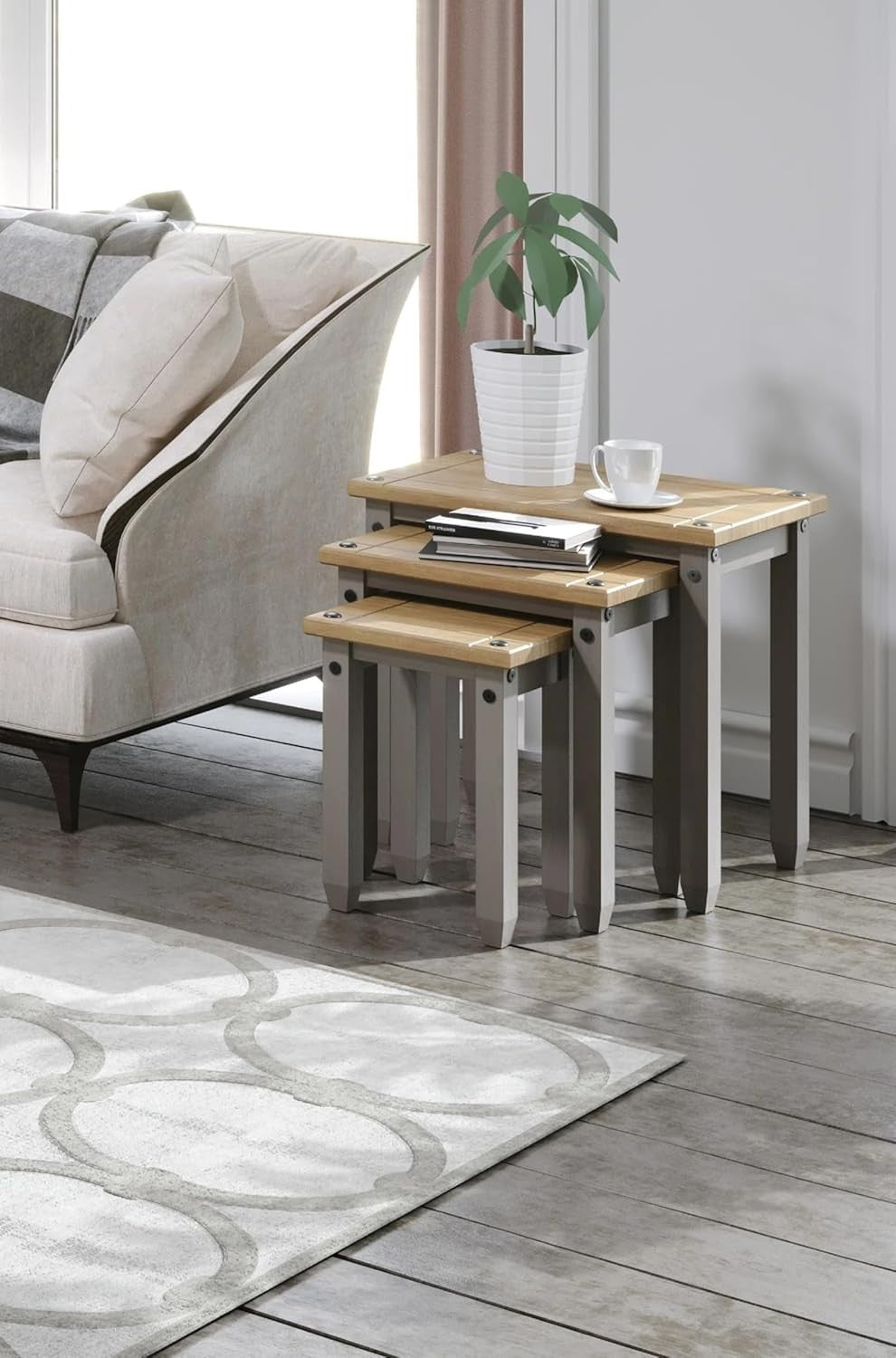 Grey Waxed Pine Nest of 3 Tables Living Room Side End Coffee Set Furniture