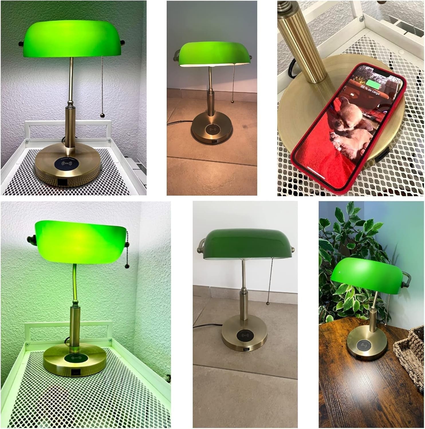 Vintage Green Glass Desk Lamp with Wireless Charging & USB Port, 32cm
