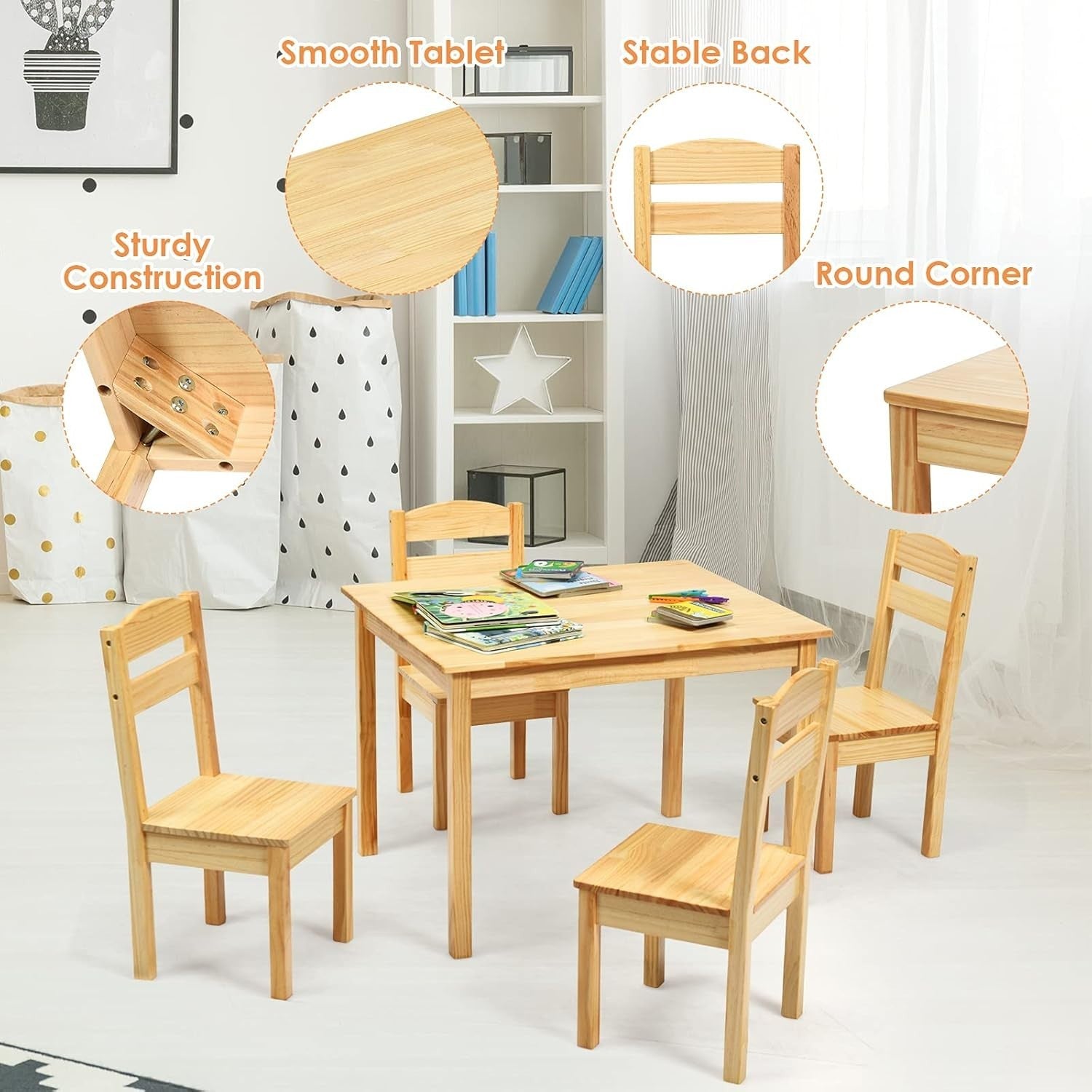 Kids Wooden Table & 4 Chairs Set – Sturdy Pine, Easy Clean, Perfect for Play & S