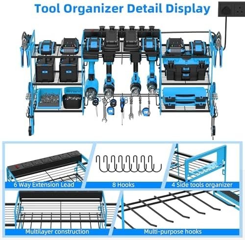 Wall Mounted Power Tool Organizer 8 Drill Charging Rack Blue