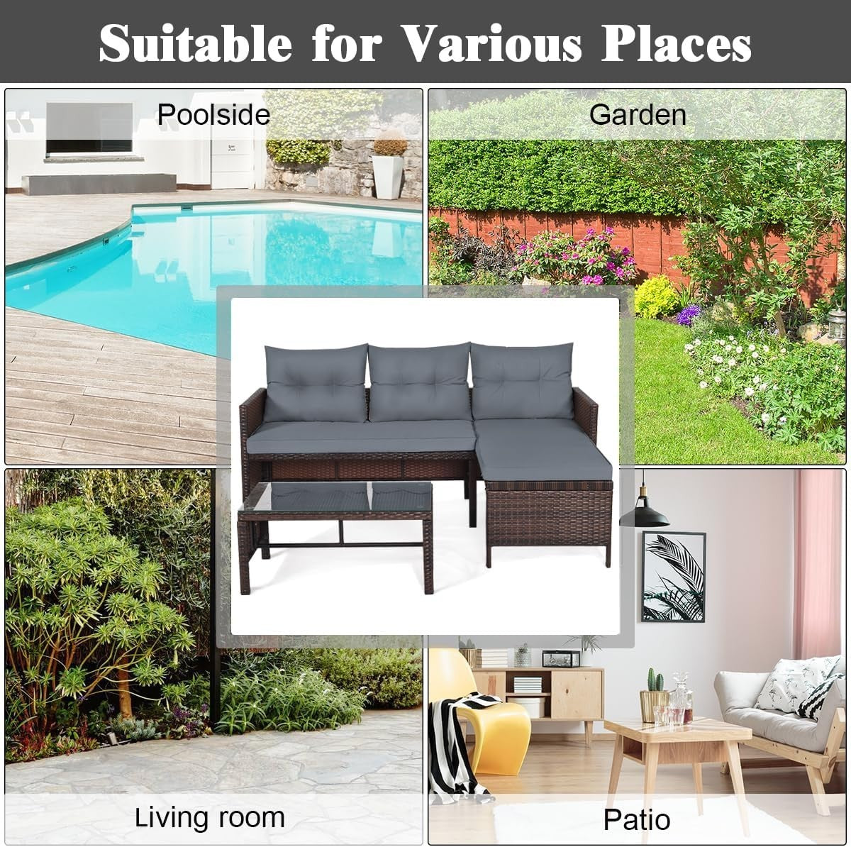 3PC Grey Rattan Garden Corner Sofa Set L-Shape Patio Lounge Glass Table