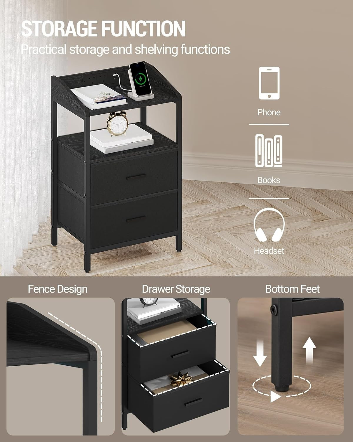 Black Bedside Table with USB Type-C Charging Ports & 2 Drawers