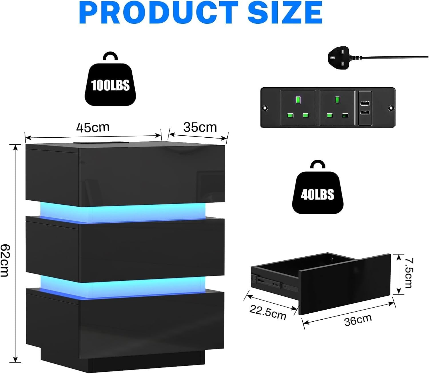 Black LED Bedside Table with USB Charging, Power Socket & 3 Drawers