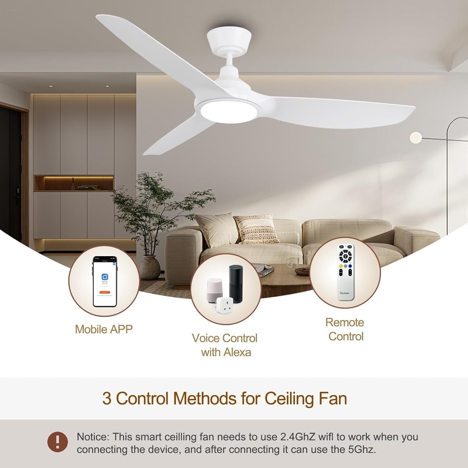 Ovlaim 132CM Smart White Ceiling Fan with LED Light, Remote, 6-Speed, DC Motor