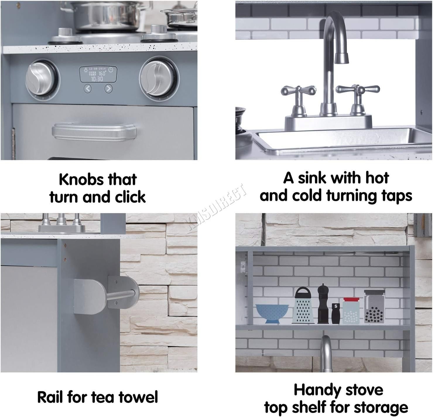 Wooden Kids Play Kitchen Pretend Cooking Role Play Toy Set Grey