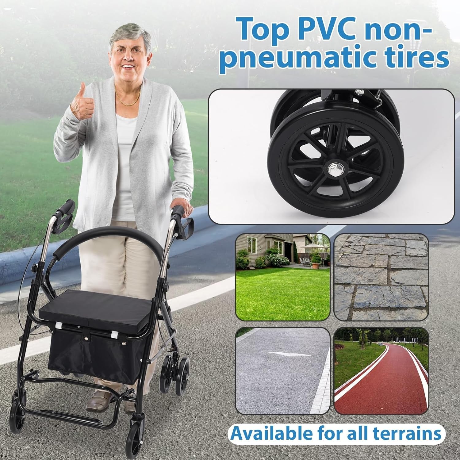 Lightweight Folding Rollator Walker with Seat 6 Wheels Lockable Brakes