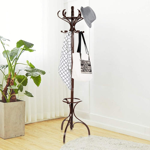 360° Rotating Mahogany Wooden Coat Rack Stand 12 Hooks Freestanding Hanger
