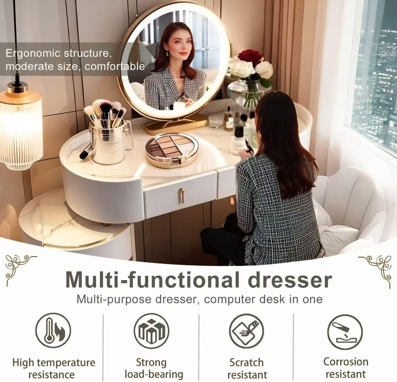 Modern White Vanity Dressing Table Set w/LED Mirror, Storage, 5 Drawers & Stool