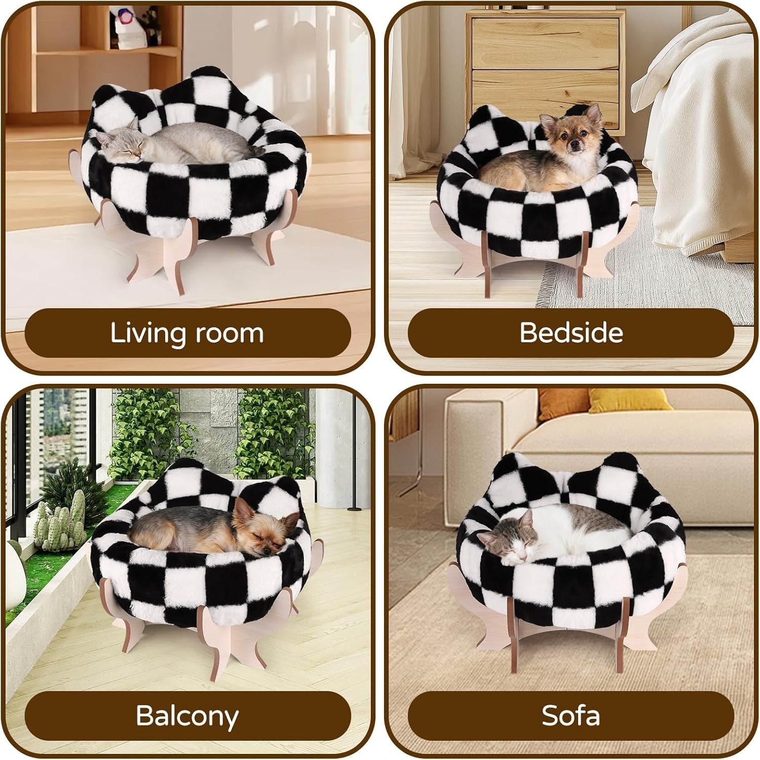 Elevated Cat Bed Plush Faux Fur Pet Sofa w Wooden Stand Anti Slip