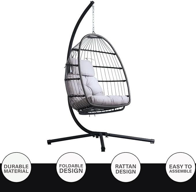 Foldable Rattan Hanging Egg Chair with Stand – Indoor Outdoor Swing Seat