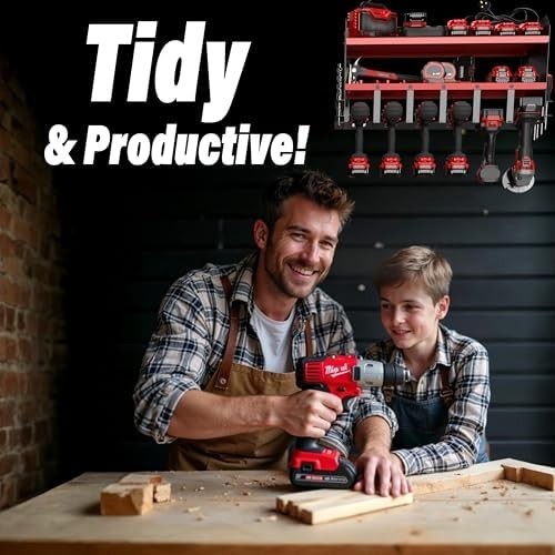 Heavy-Duty Wall-Mounted Tool Organizer Rack with Power Strip 6-Slot Red