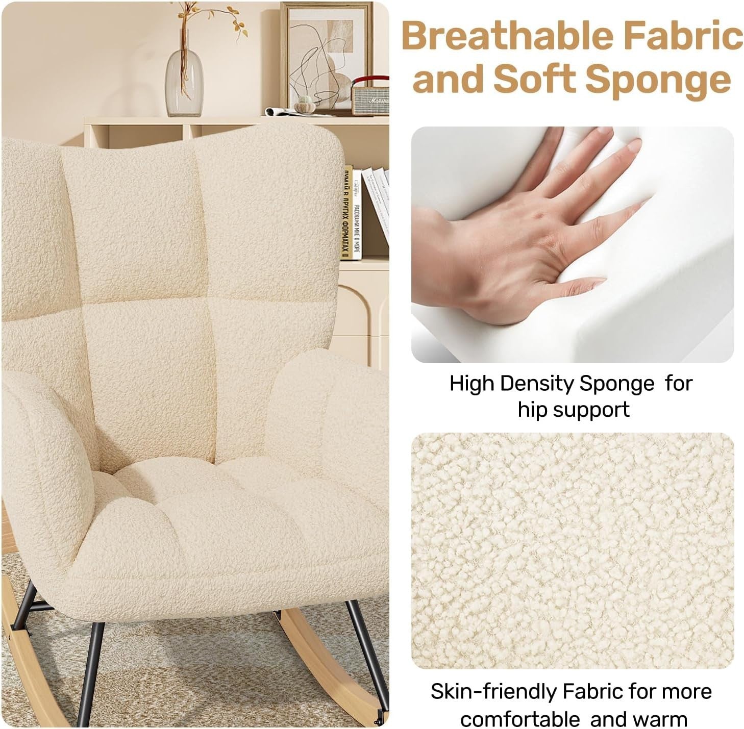 Cozy Lambswool Rocking Chair High Back Armrest Memory Foam Living Room Seat