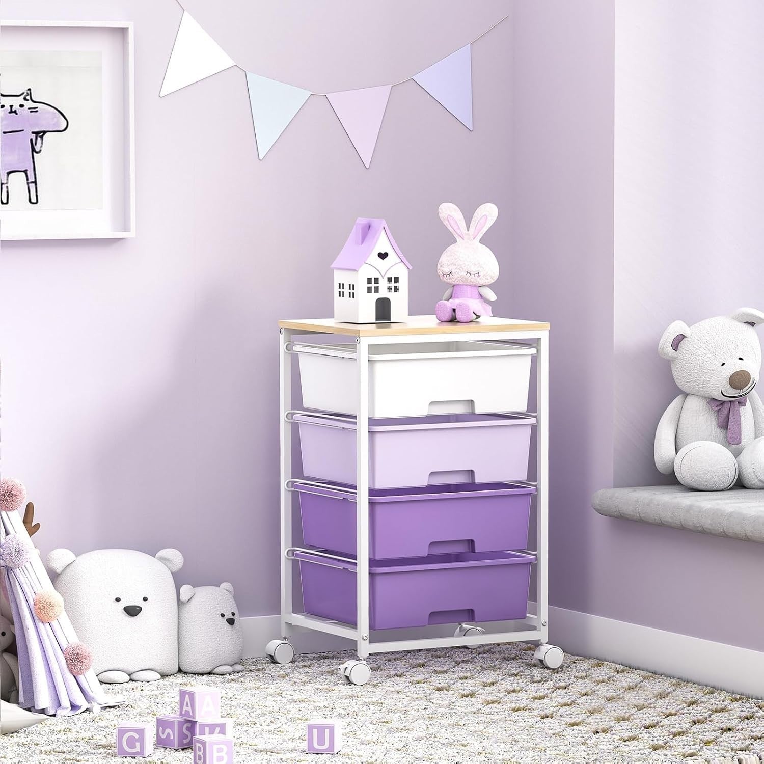 4 Drawer Rolling Storage Cart Mobile Organizer Utility Trolley Purple