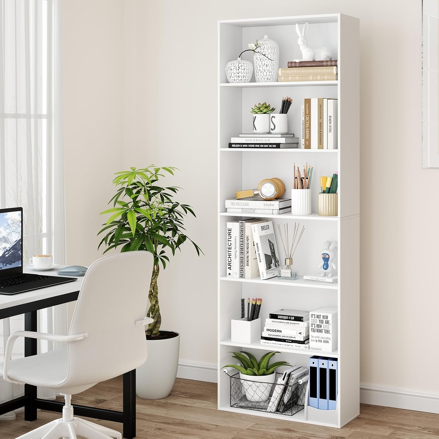 Tall White 6-Tier Bookshelf Storage Unit Modern Display Shelving for Home