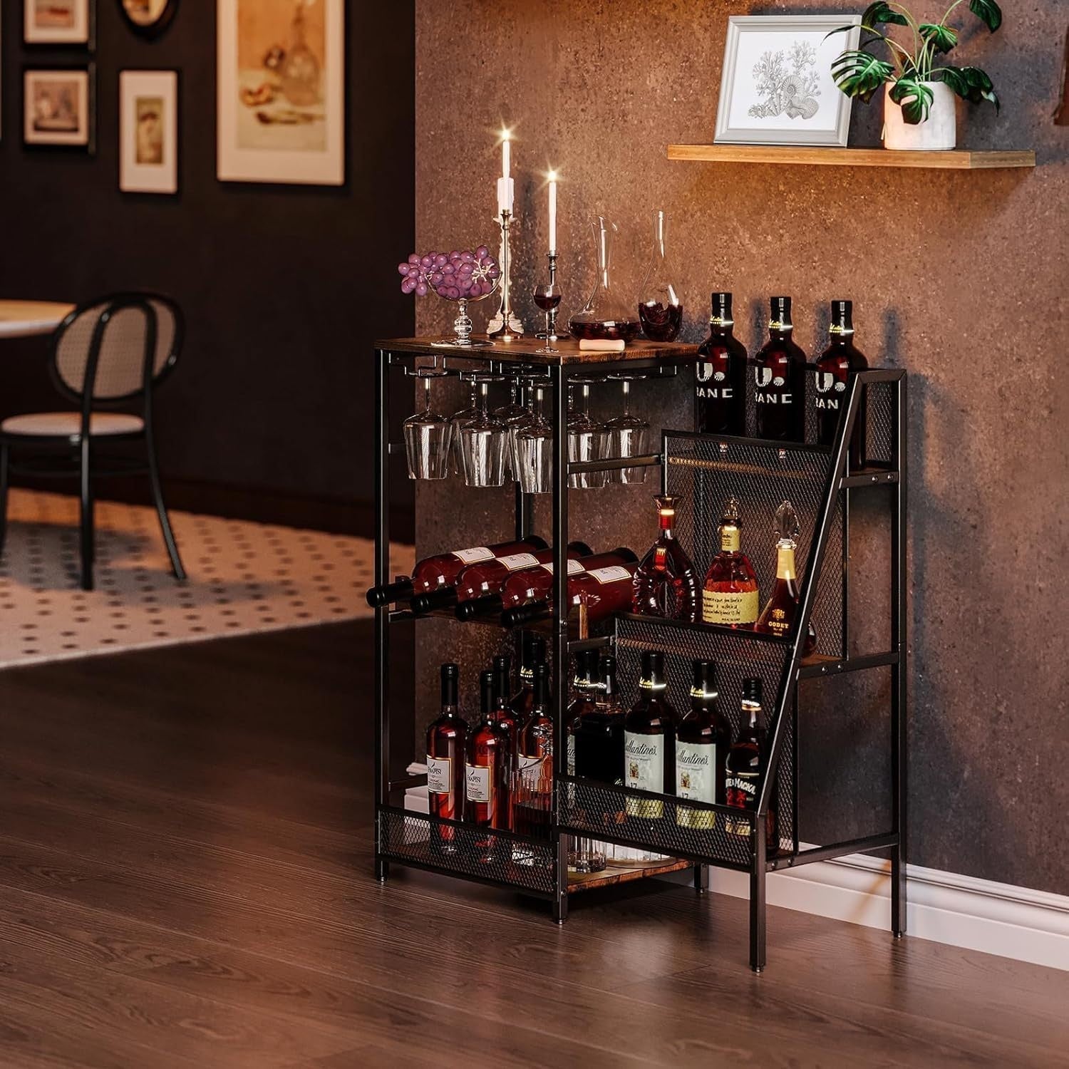 Free Standing Mini Bar Drinks Cabinet Wine Rack, 3-Tier Liquor Display