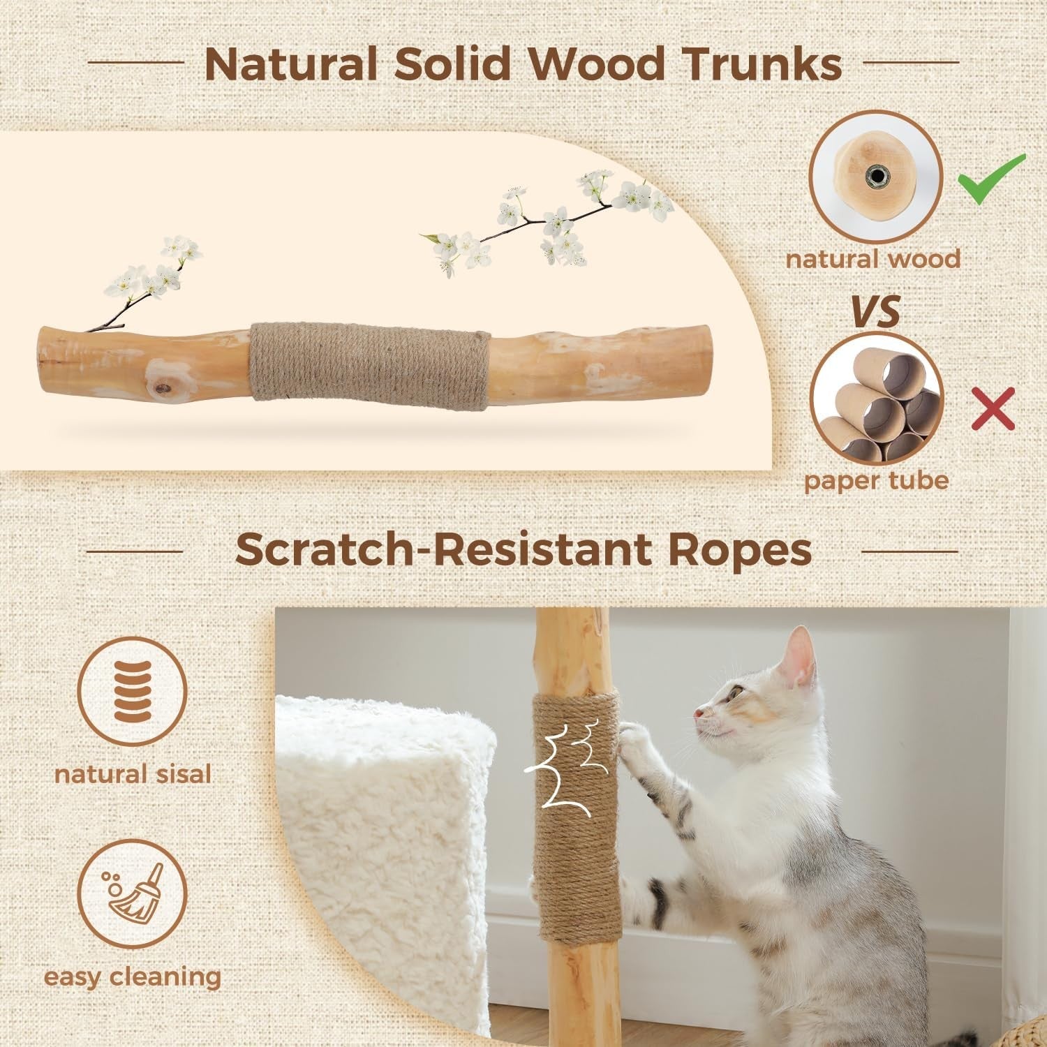 Modern Cat Tree 102cm Solid Wood Scratching Wicker Basket Condo Indoor