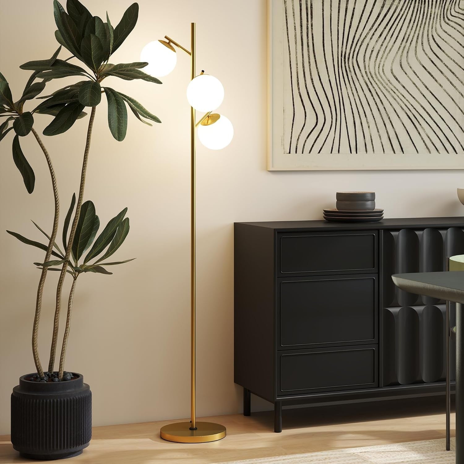 3 Light Tree Floor Lamp LED Globe Shades Gold Standing Lamp Living Room