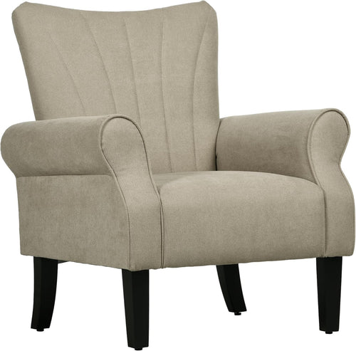 Beige Upholstered Accent Armchair with High Back & Rolled Arms, Living Room