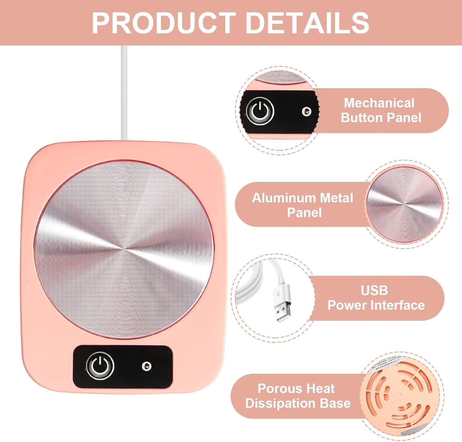 USB Coffee Mug Warmer 55°C Aluminum Heat Plate Pink