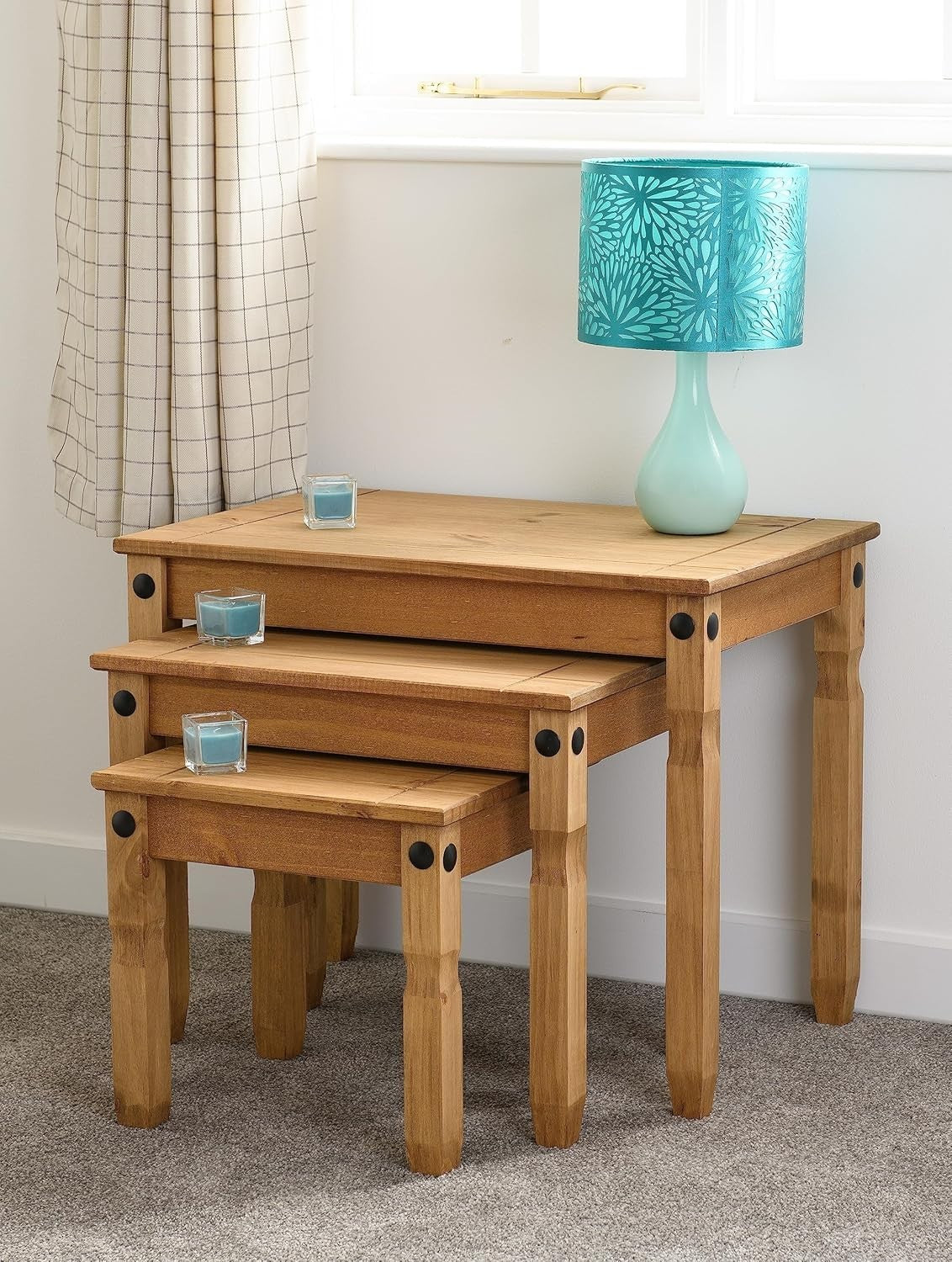 Set of 3 Distressed Pine End Tables Wood Nesting Side Living Room Furniture
