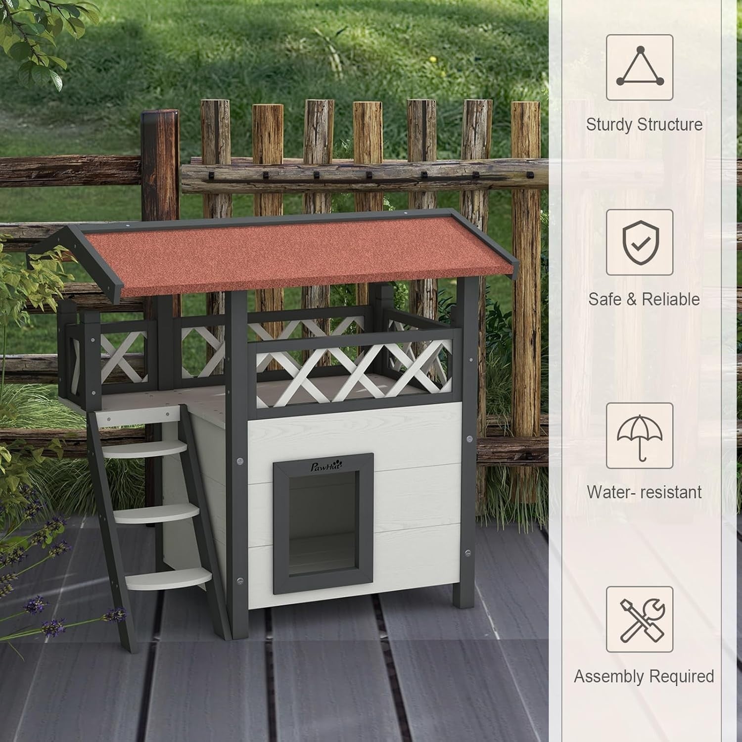 Outdoor Wooden Cat House with Balcony & Asphalt Roof, Weatherproof, White