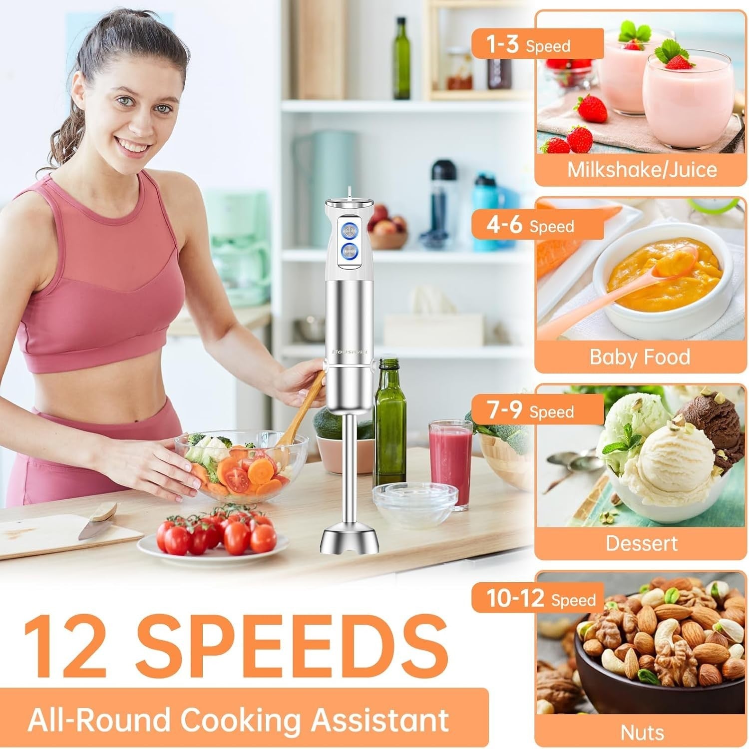 Powerful 5-in-1 Hand Blender 1000W | 12-Speed Adjustable | Food Chopper & Whisk