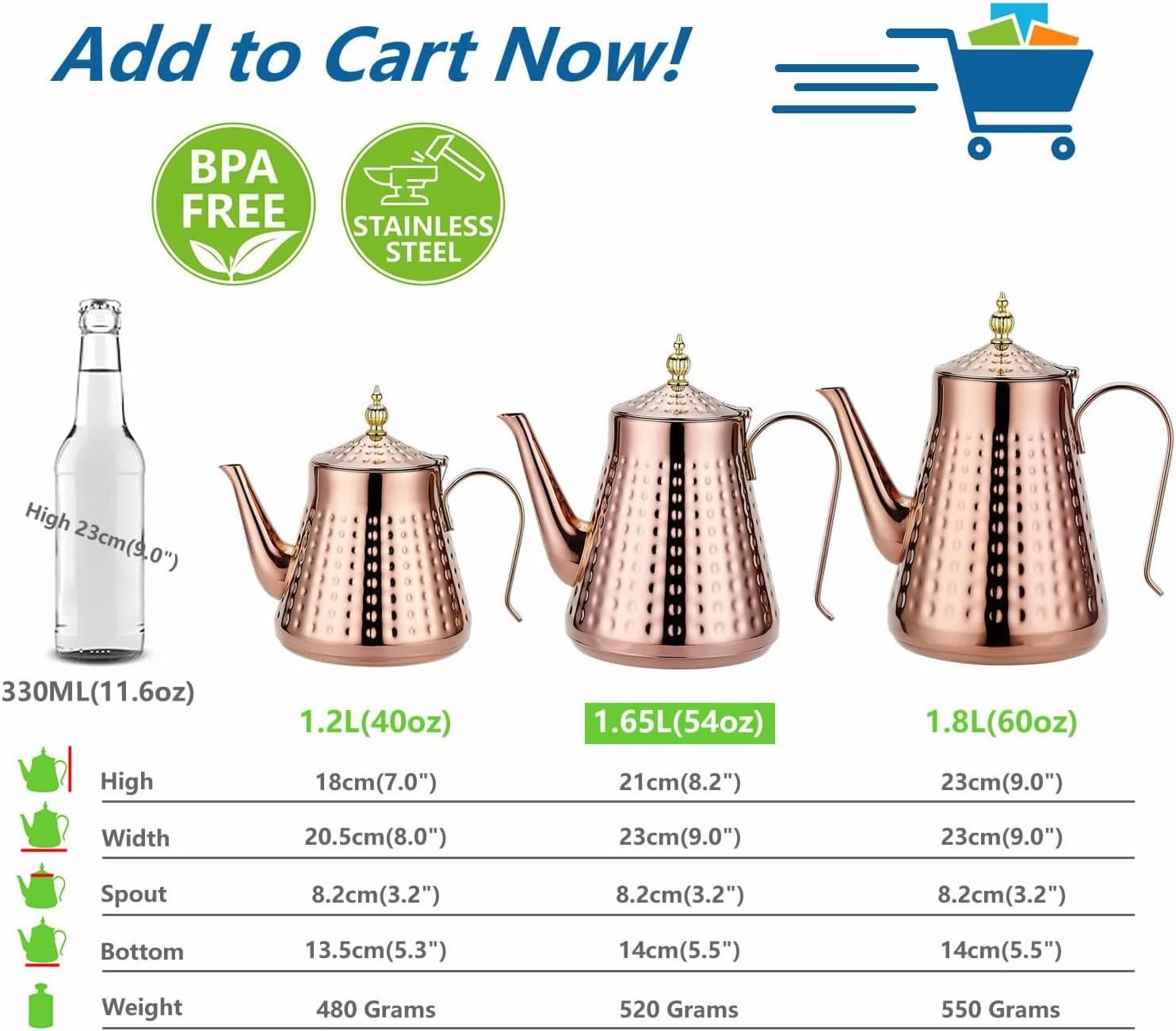 Copper Stainless Steel Teapot 54oz 1.6L w/ Infuser Hammered Finish