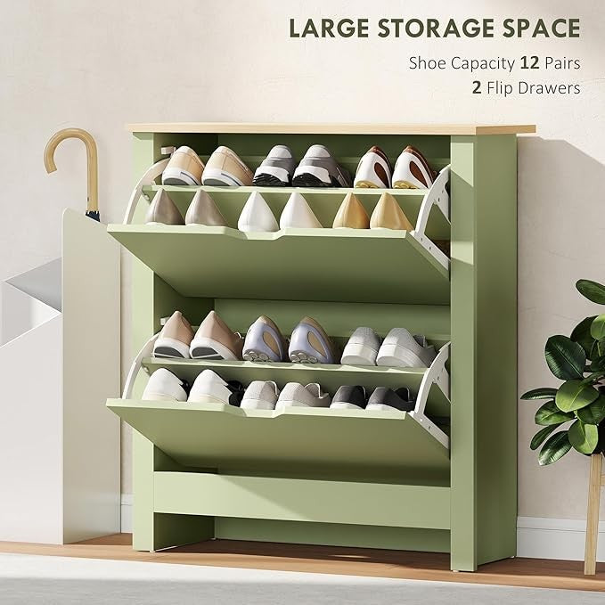 Green Narrow Shoe Cabinet with 2 Flip Drawers, Adjustable Shelves for Hallway