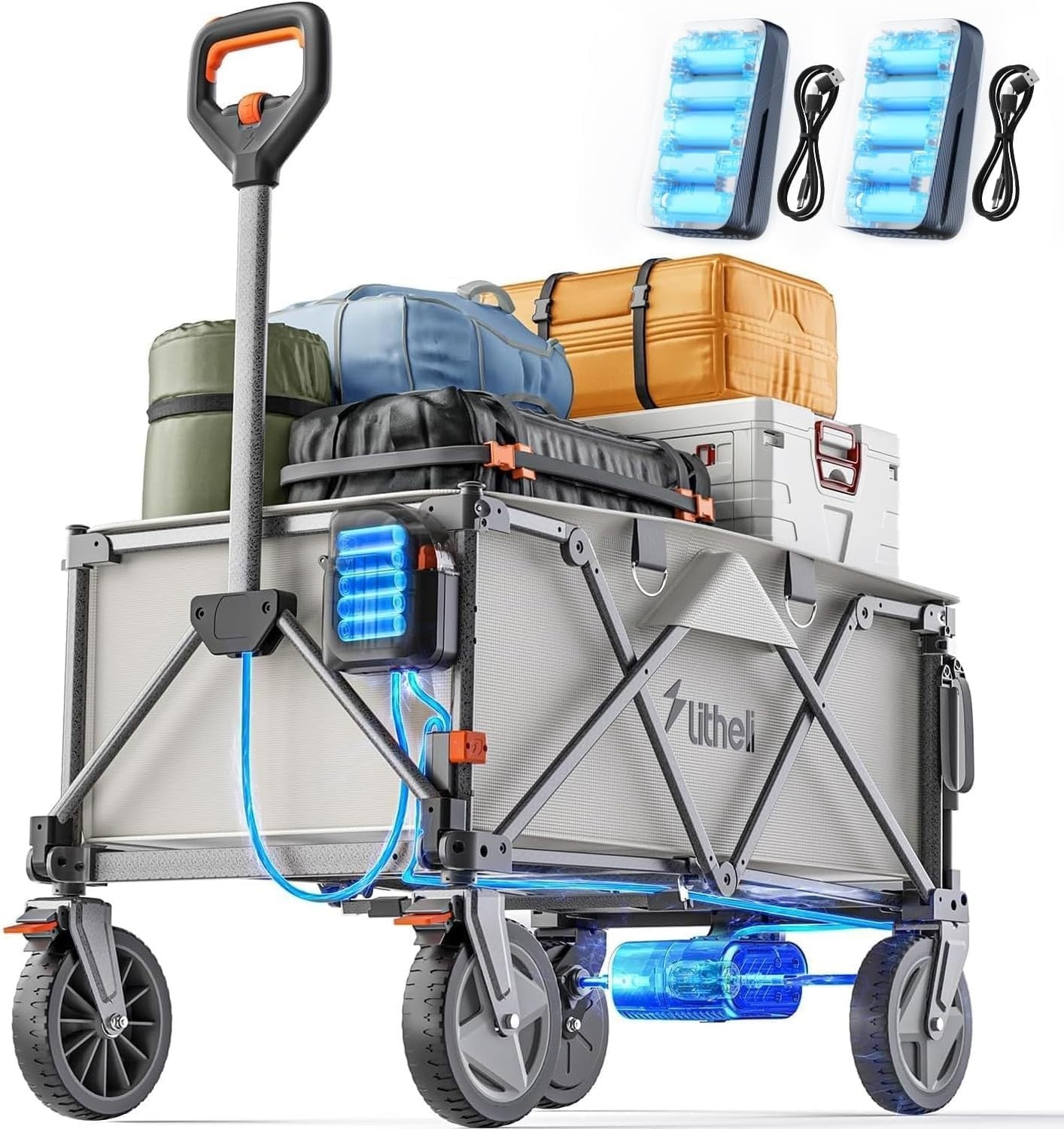 Electric Foldable Handcart 200L Heavy Duty Utility Wagon w/ Off-Road Tires