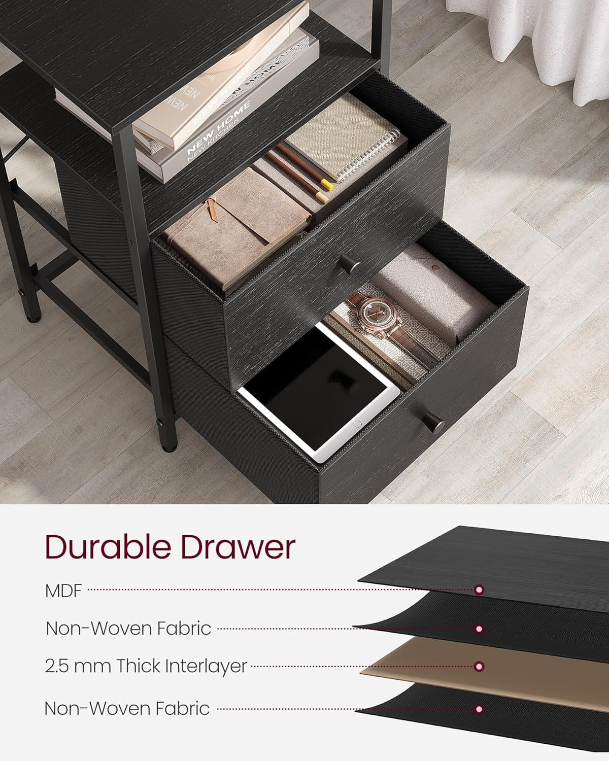 Tall Bedside Tables with Shelf & Fabric Drawers, Modern 24-Inch Storage Set of 2