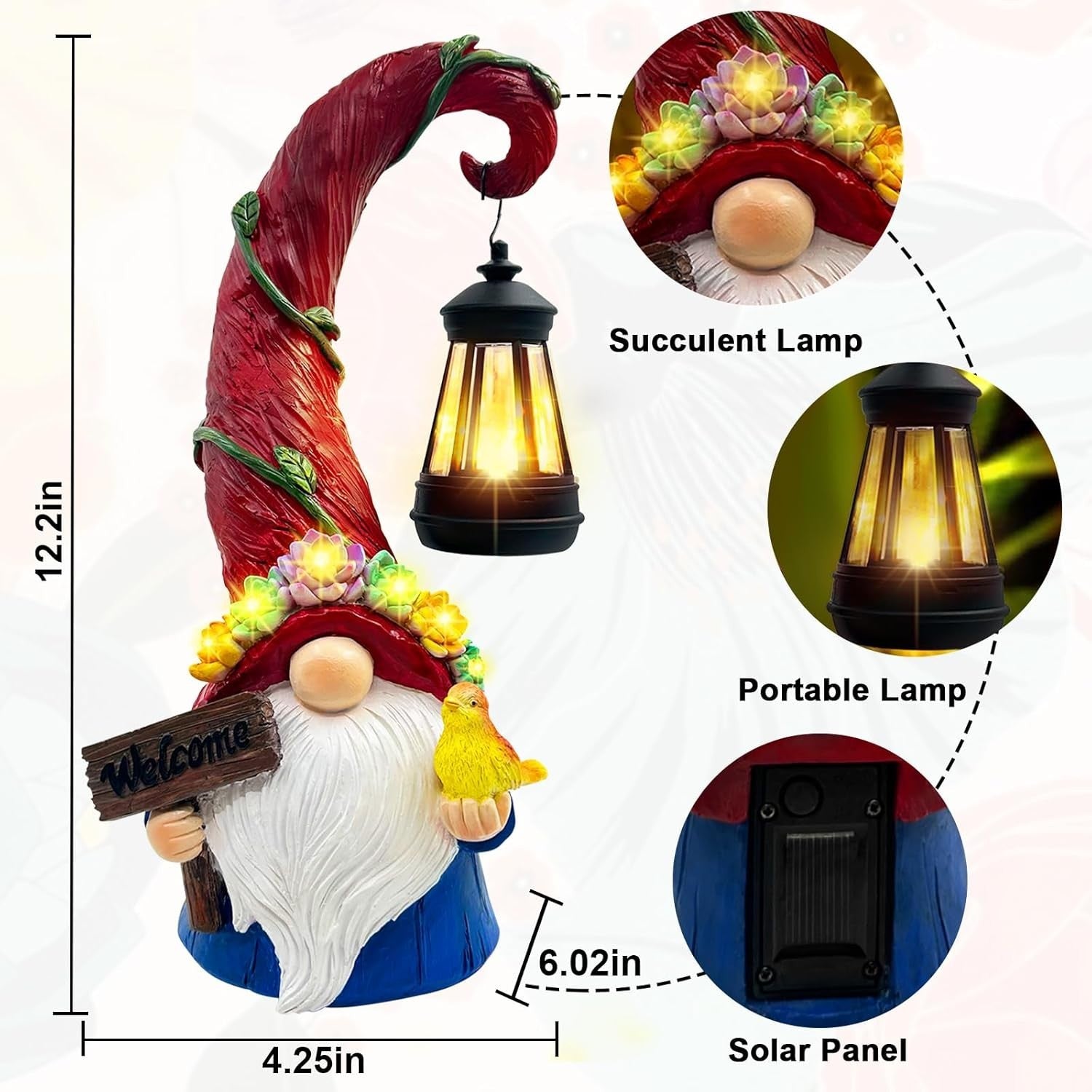 Solar Gnome Garden Ornament • LED Lantern & Succulent Lights • Outdoor Decor