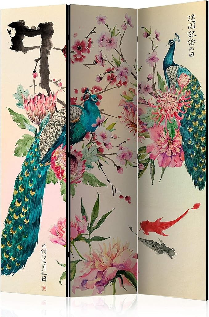Oriental Peacock Room Divider 135x172cm Folding Double-Sided Screen