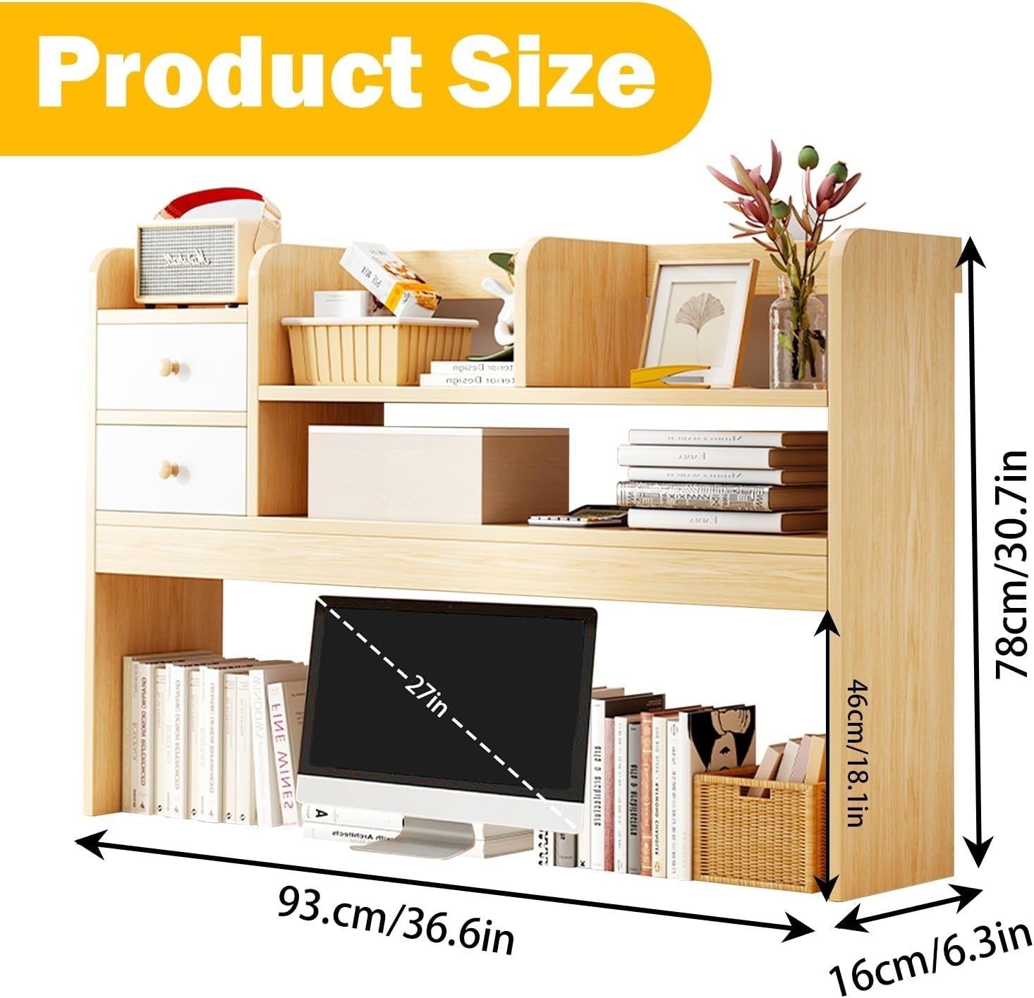 36.6" Wooden Desk Hutch Shelf | 4-Tier Desktop Bookshelf Organizer for Office