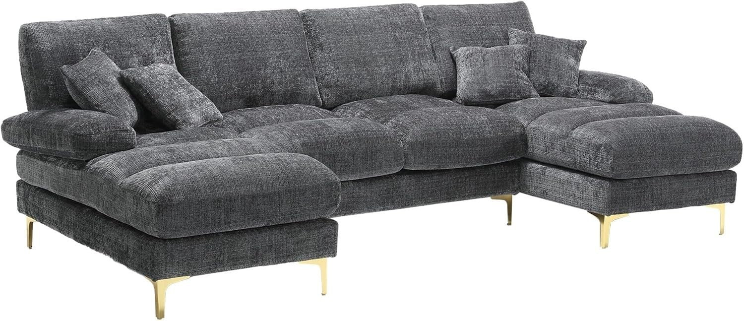 4 Seater U-Shaped Sofa Grey Chenille Sectional with Double Chaise & 4 Pillows