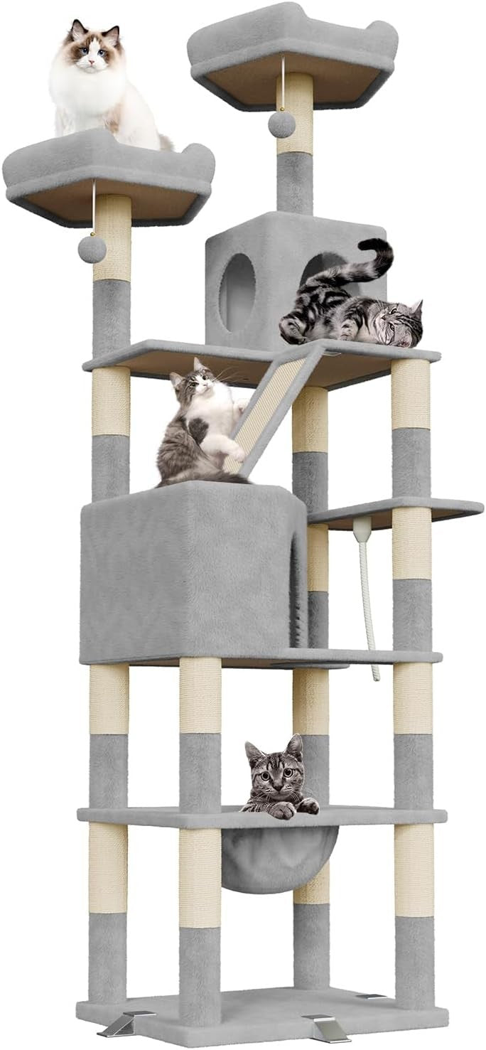 208cm Tall Cat Tree Tower Light Grey Anti-Tip Multi-Level Condo Scratcher