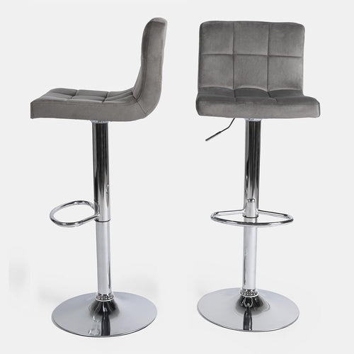 Set of 2 Adjustable Grey Velvet Bar Stools with Swivel & Footrest