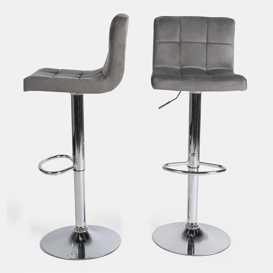 Set of 2 Adjustable Grey Velvet Bar Stools with Swivel & Footrest