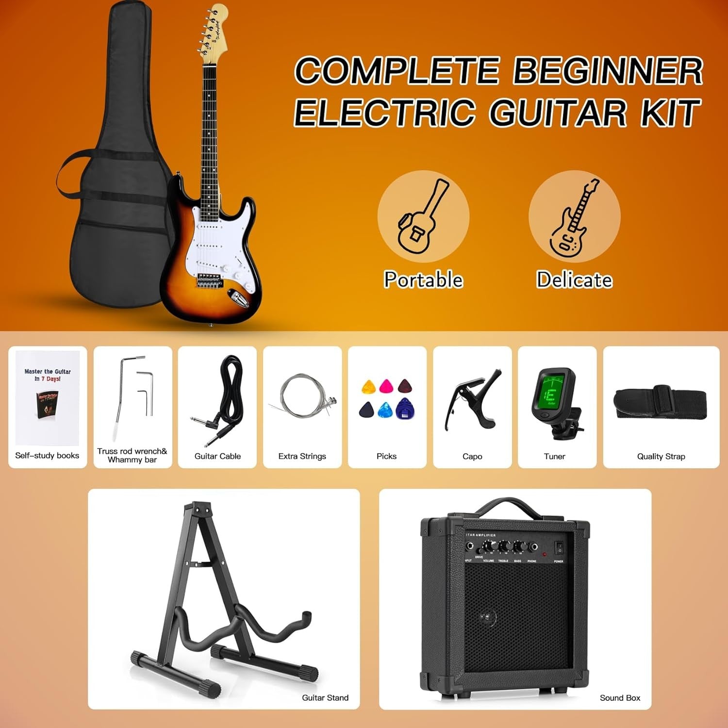 Full Size Electric Guitar Starter Kit Sunburst 6 String w/ Amp & Stand