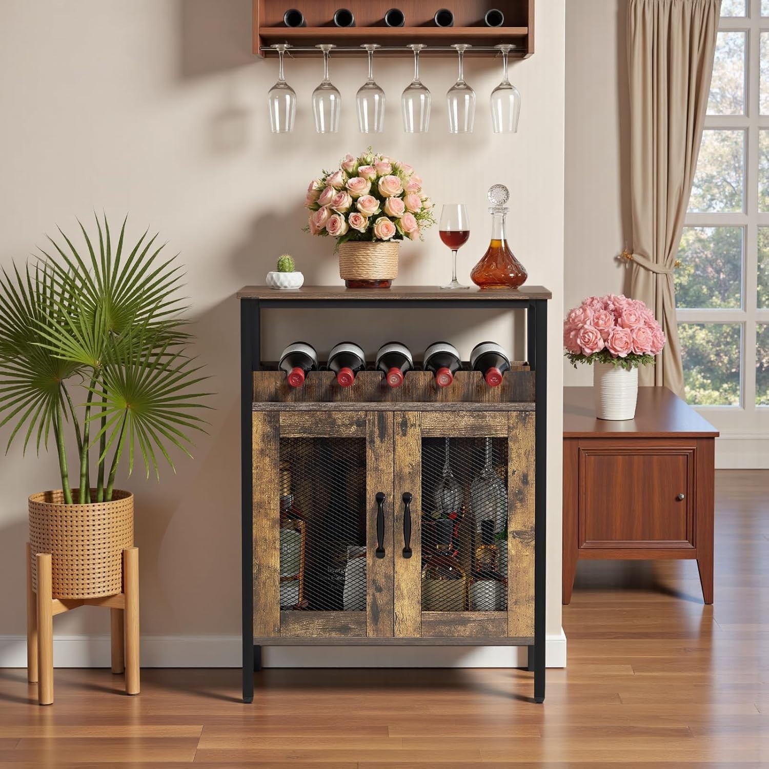 Industrial Wine Bar Cabinet with Detachable Rack, Glass Holder & Storage Shelves