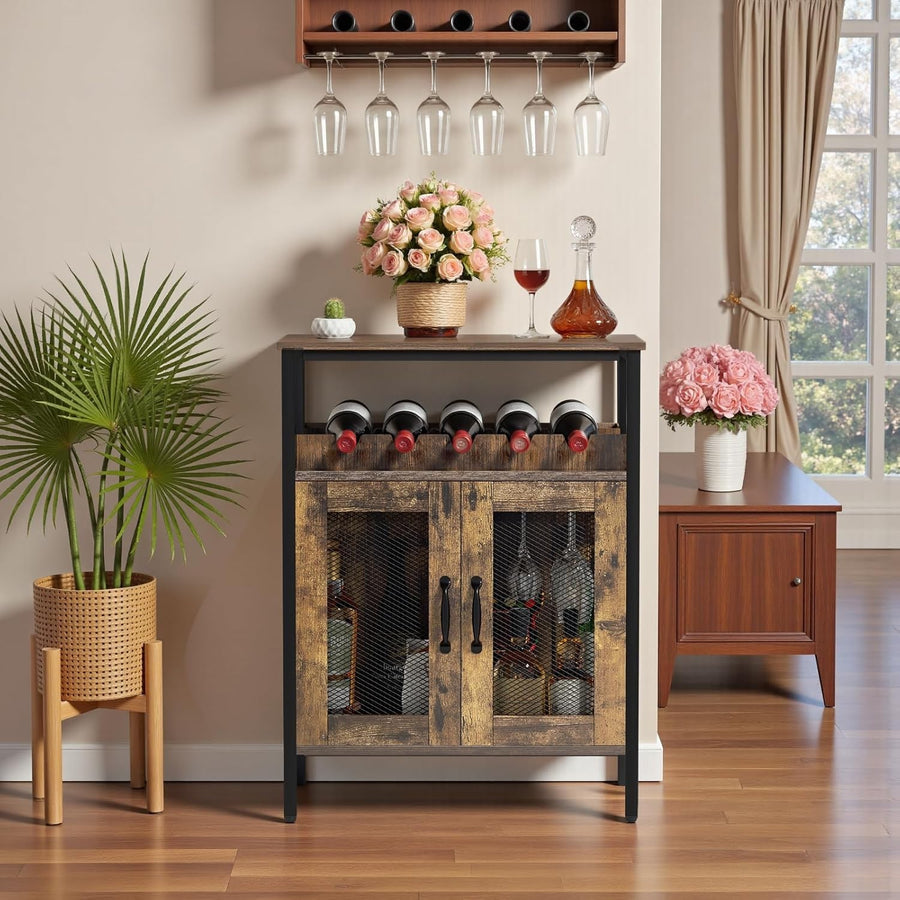 Industrial Wine Bar Cabinet with Detachable Rack, Glass Holder & Storage Shelves