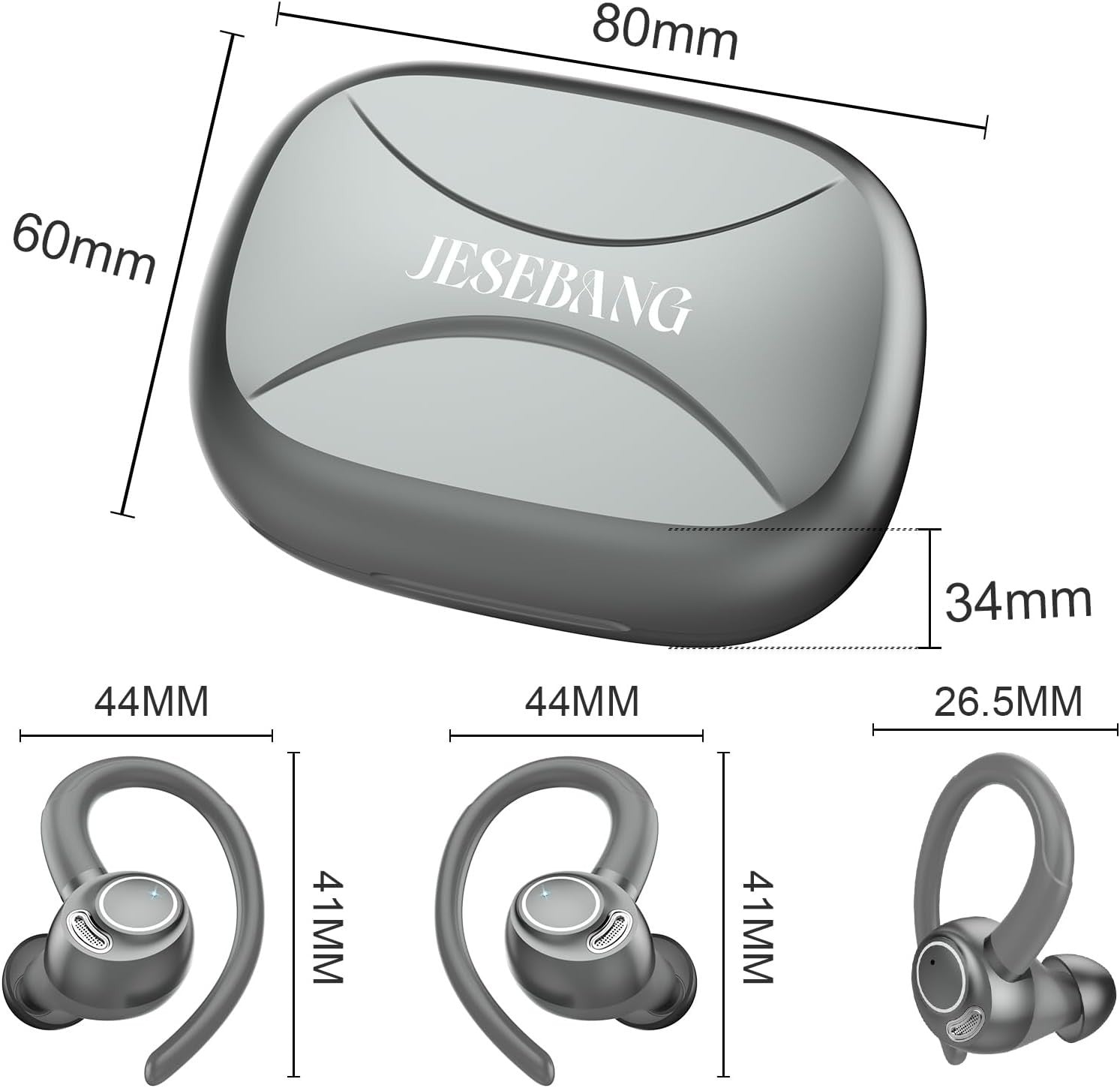 Grey Bluetooth 5.3 Earbuds 40H ENC Mic LED Display Sport Waterproof