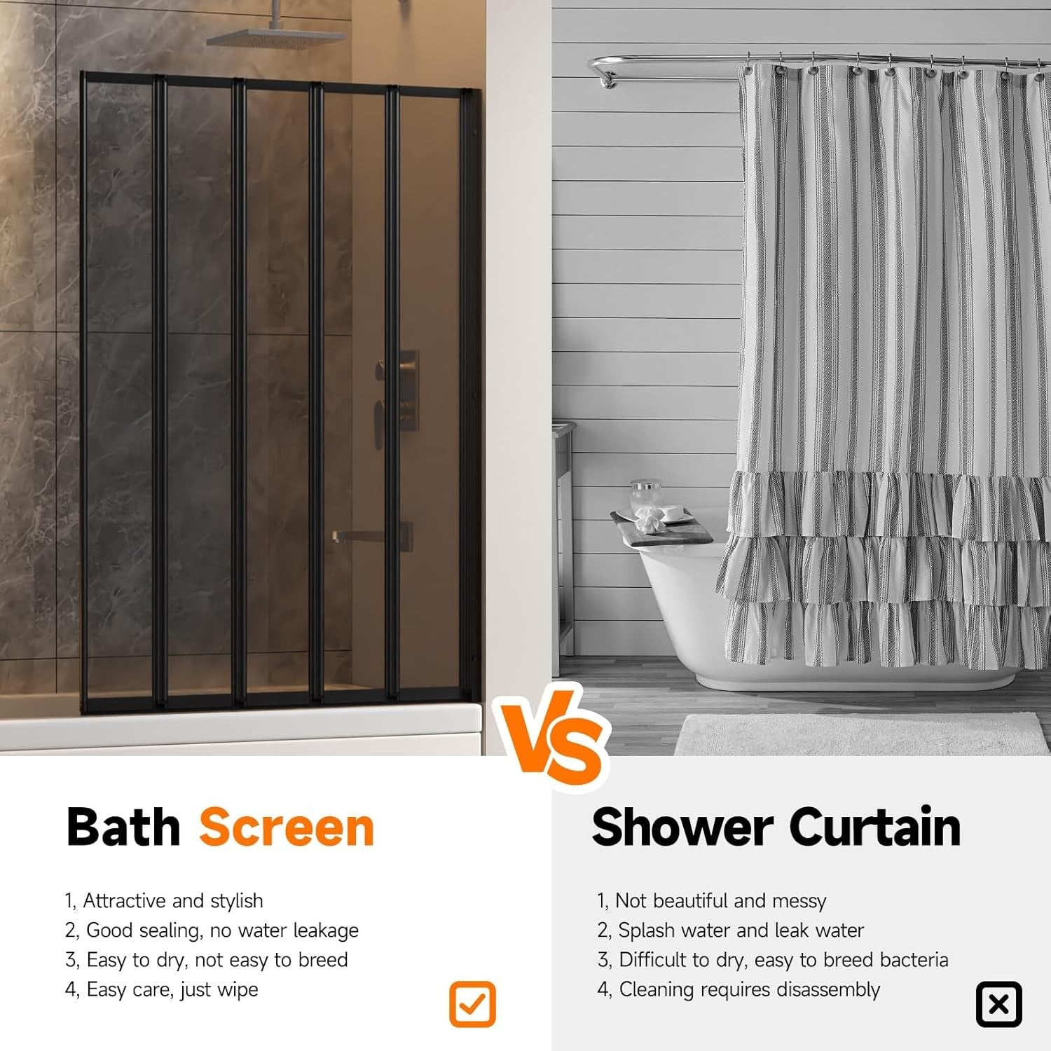Black 5 Panel Folding Shower Screen 1200x1400mm Tempered Glass Bath Screen