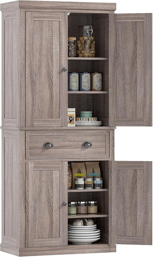 Dark Wood Tall Kitchen Cupboard 184cm Pantry Storage Cabinet Shelves