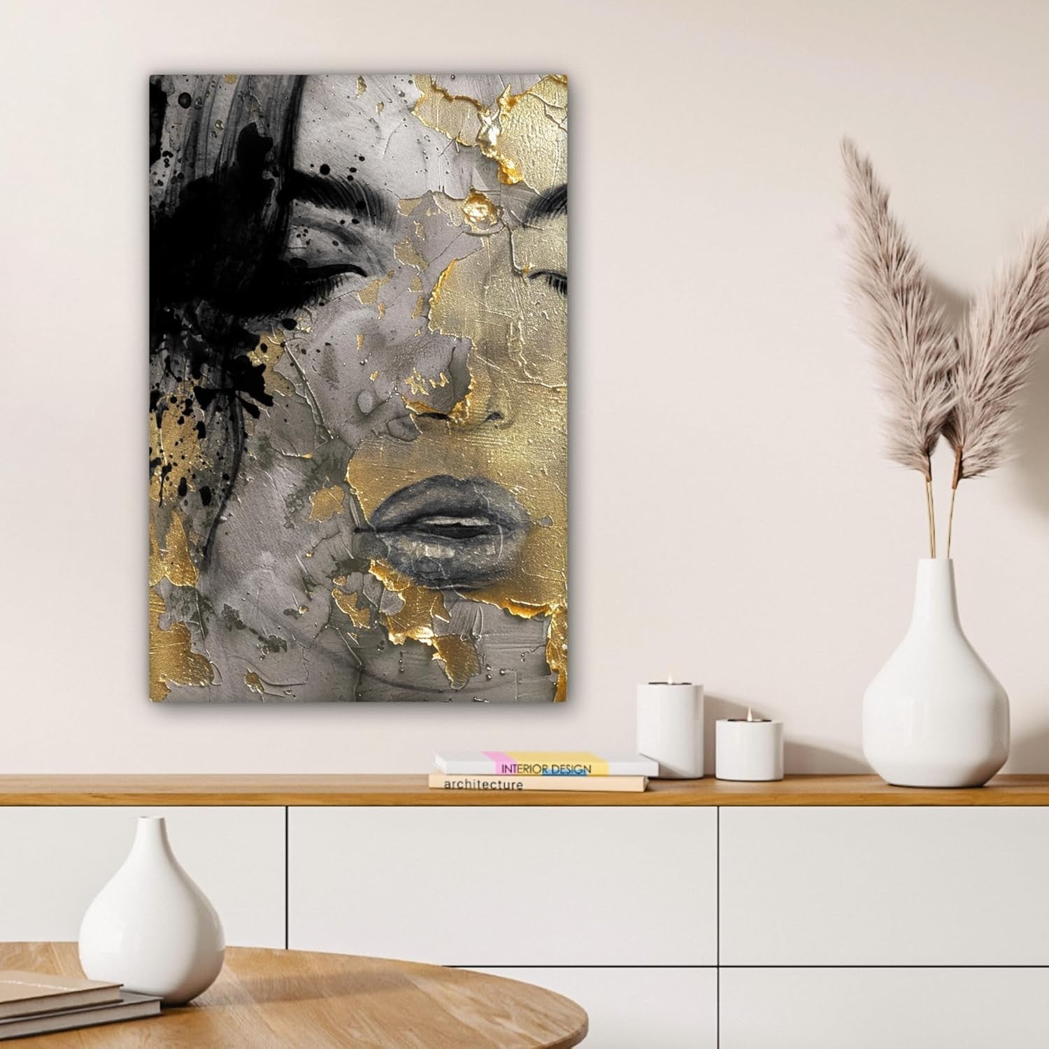 Gold Black Abstract Woman Canvas Wall Art 40x60cm Framed