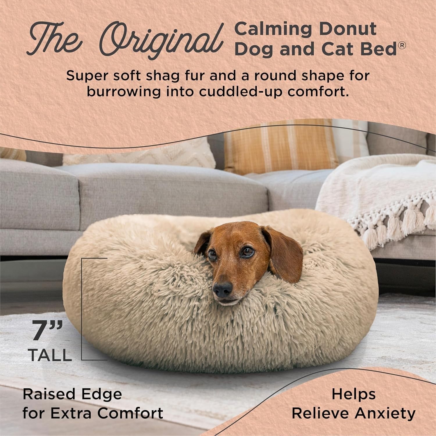 Calming Donut Dog Bed 23x23 Taupe Shag Fur Small