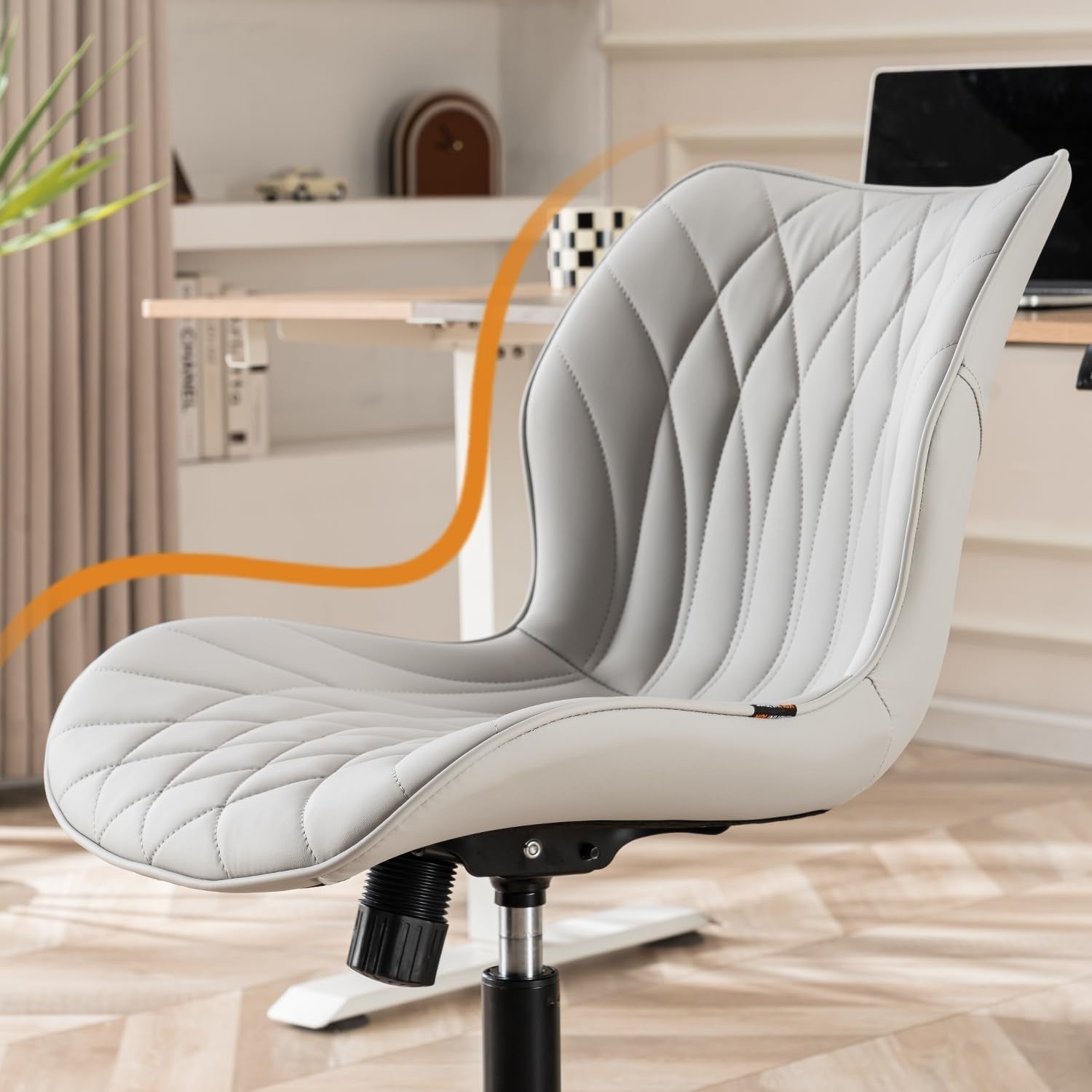 Armless Swivel Office Desk Chair Cushioned Rolling Home Study Grey Faux Leather