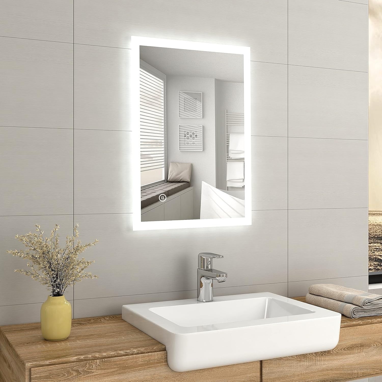 LED Bathroom Mirror 50x70cm Anti-Fog Touch Control Shaver Socket Lighted